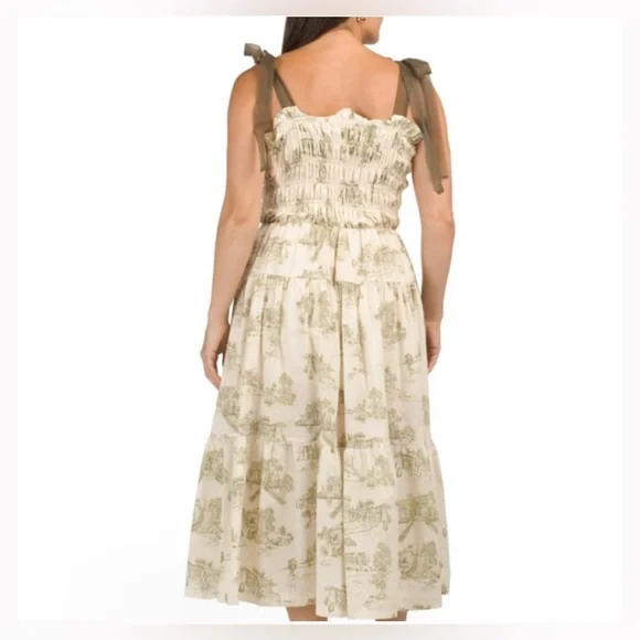 EN SAISON Egret Cotton Tiered Midi Dress Smocked With Pockets French Country - Picture 2 of 5